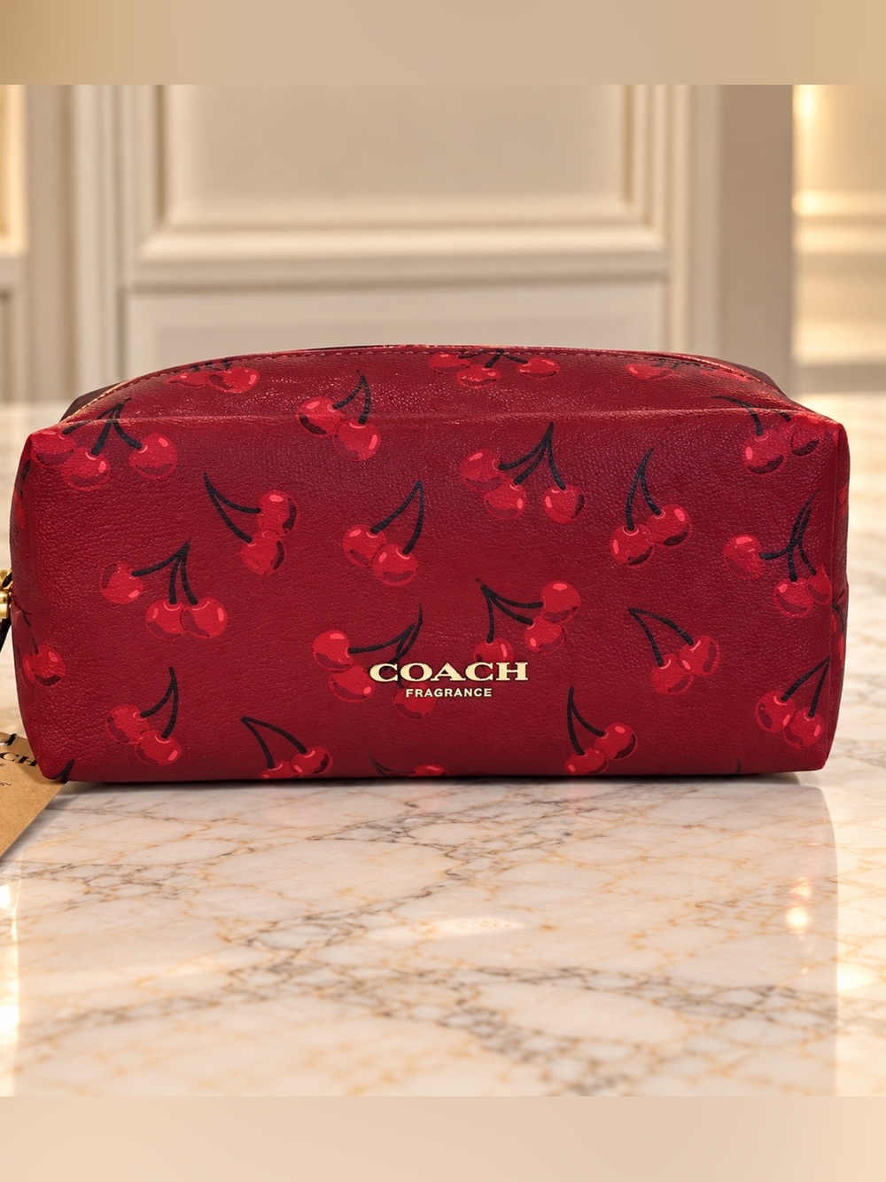 🍒 COACH Cherry Print Pouch NWT Burgundy Red Gold cherry